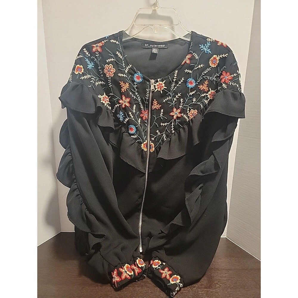Zara Trf Romantic Fairy Embroidered Black Bomber Jacket Ruffle Sleeve Sz S